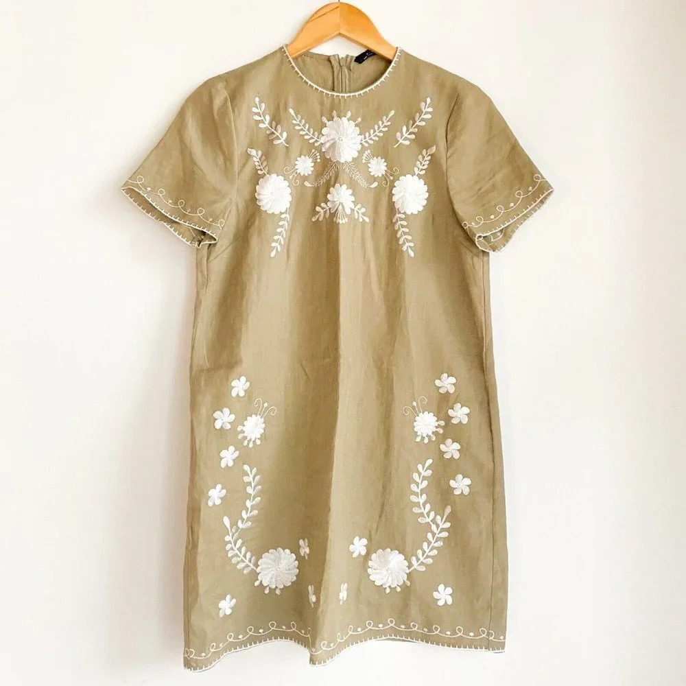 Zara Linen Look Viscose Embroidered Floral Ethnic Sheath Dress XS